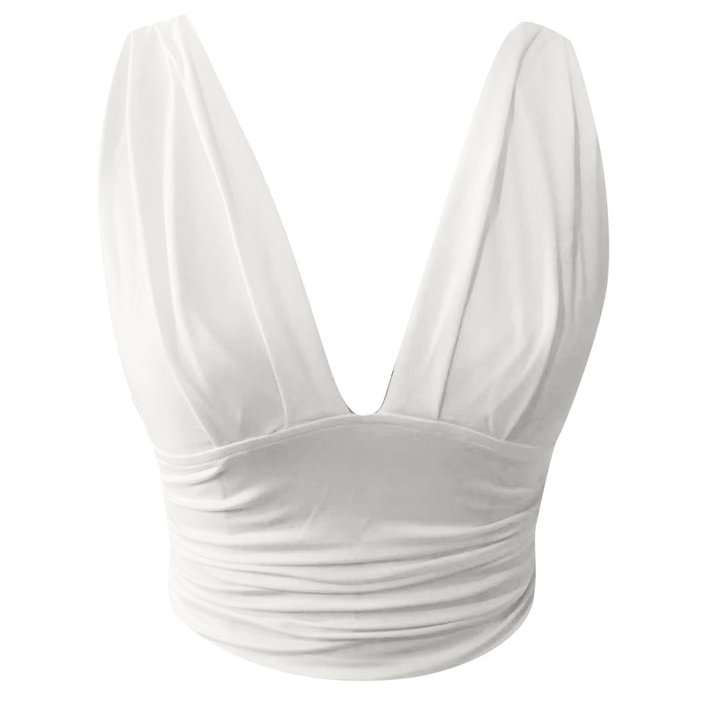 Crop Tops for Women Sleeveless Ruched Plunge V Neck Tank Tops Vest Solid Slim Fit Summer Blouse Tops T Shirts