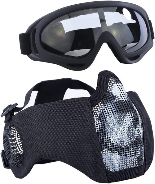 Airsoft Protective Gear Set, Half Face Mesh Mask with Ear Protection and Goggles for Adult Men Women BBS Paintball Shooting CS Survival Games Cosplay