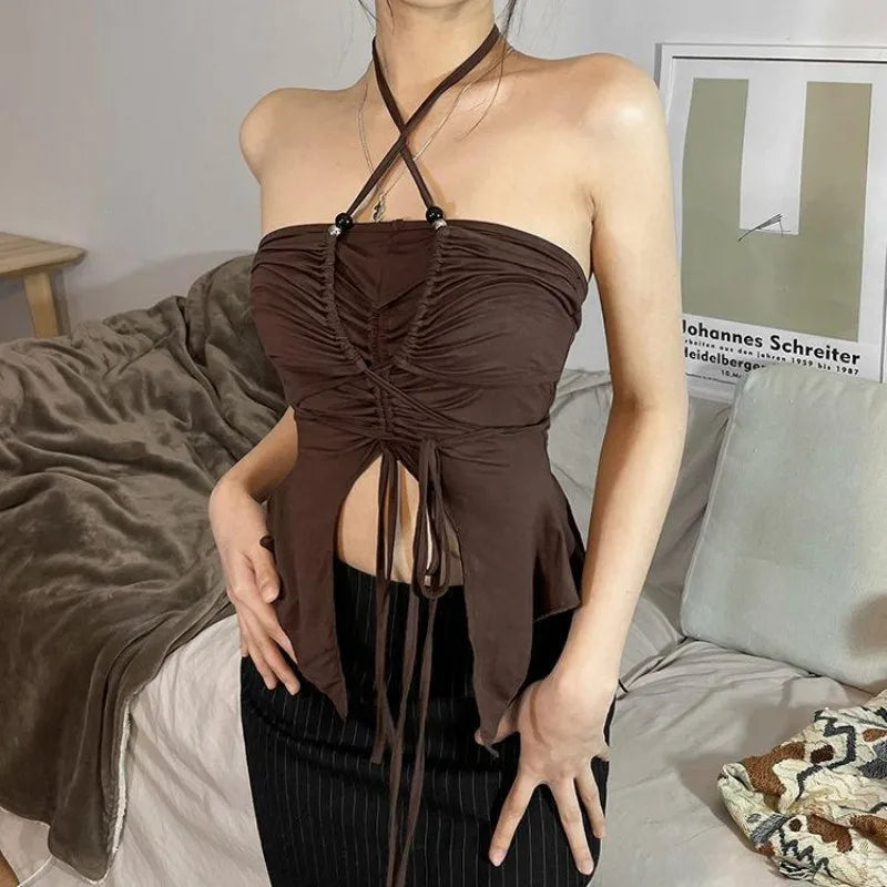 Summer Women Fashion Off Shoulder Halter Cami Tops Sexy Spicy Style Slim Fit Crop Tops Sleeveless Backless Stylish Streetwear