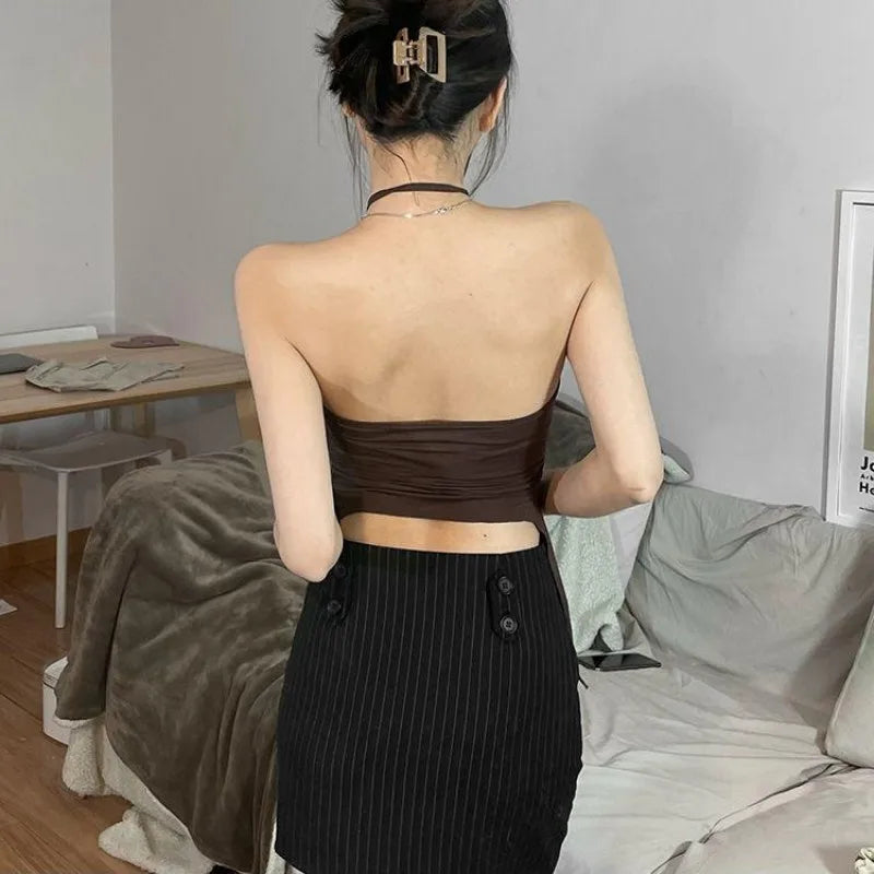 Summer Women Fashion Off Shoulder Halter Cami Tops Sexy Spicy Style Slim Fit Crop Tops Sleeveless Backless Stylish Streetwear