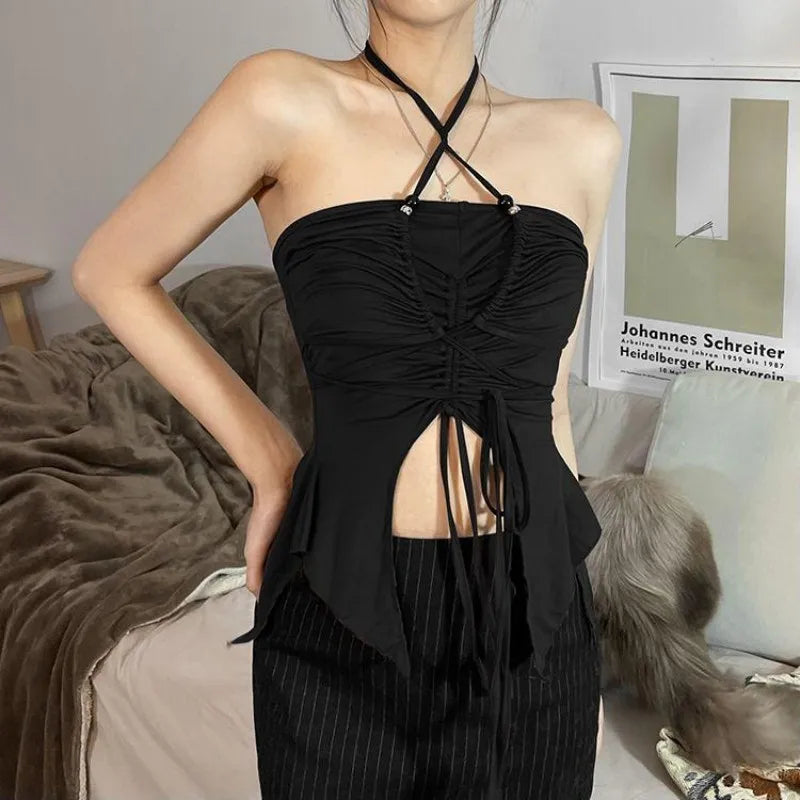 Summer Women Fashion Off Shoulder Halter Cami Tops Sexy Spicy Style Slim Fit Crop Tops Sleeveless Backless Stylish Streetwear