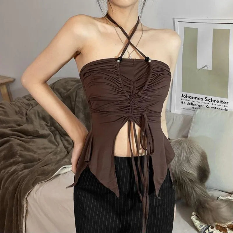 Summer Women Fashion Off Shoulder Halter Cami Tops Sexy Spicy Style Slim Fit Crop Tops Sleeveless Backless Stylish Streetwear