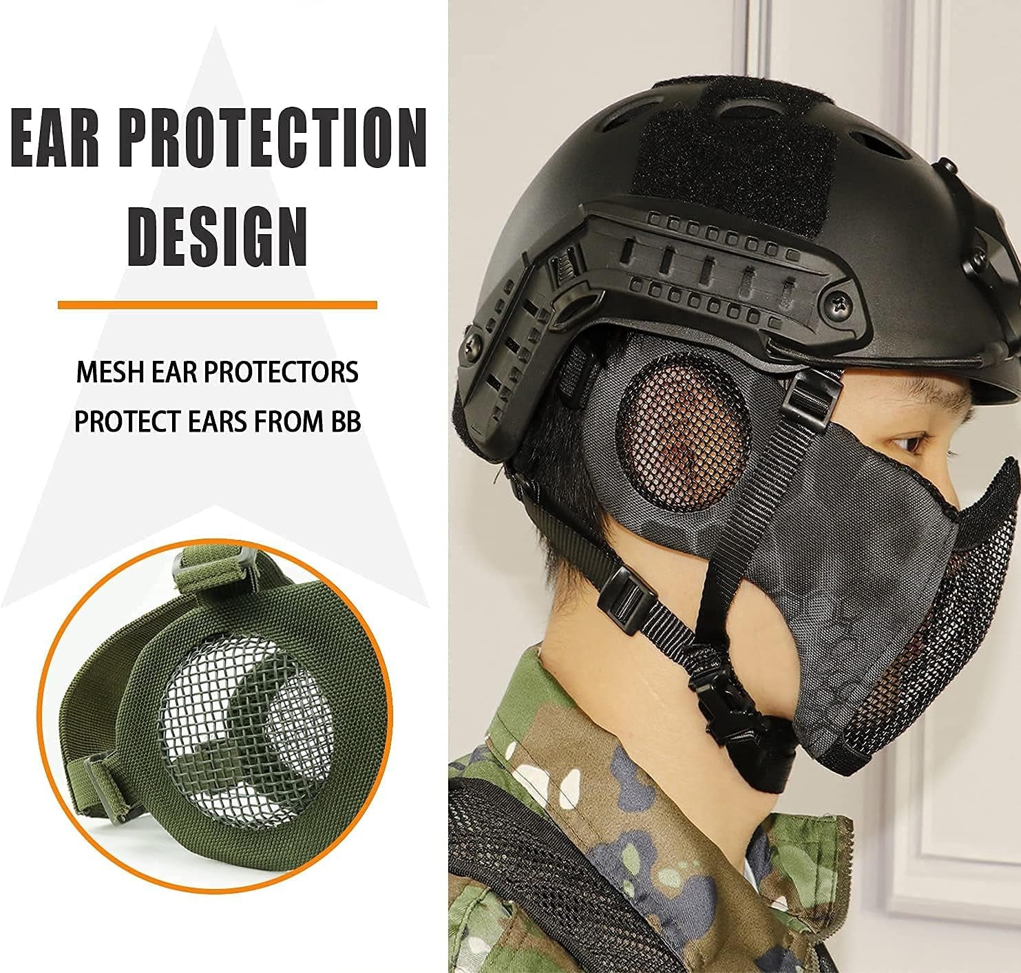 Airsoft Protective Gear Set, Half Face Mesh Mask with Ear Protection and Goggles for Adult Men Women BBS Paintball Shooting CS Survival Games Cosplay